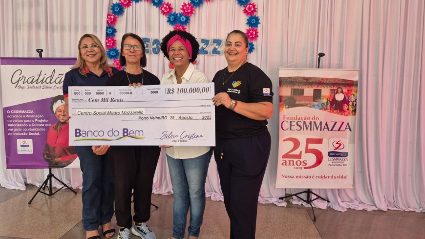 Sílvia Cristina entrega R$ 100 mil para o Centro Social Madre Mazzarello realizar projeto com crianças e adolescentes
