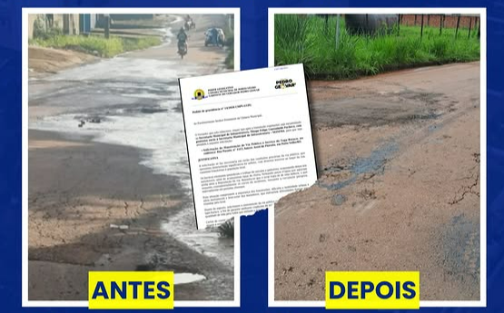 Pedido do vereador Pedro Geovar resulta em serviço de tapa-buraco na Rua Paraná, no bairro Areal da Floresta